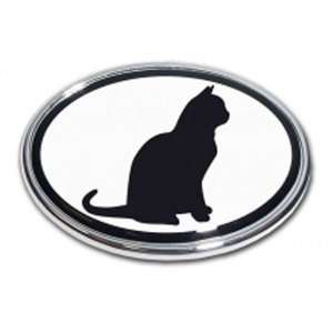    Sitting Cat Oval Black/White Chrome Auto Emblem Automotive