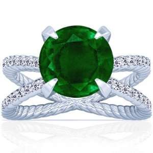  18K White Gold Round Cut Emerald Ring With Sidestones 