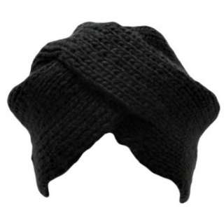  Black Thick Knit Turban Wrap Front Cap Hat Clothing