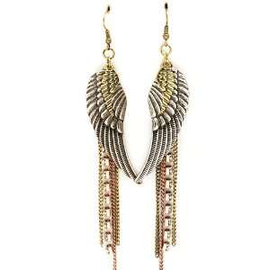   Tri color Angel Wing Rhinestone Dangel Tassel Chain Earrings Jewelry
