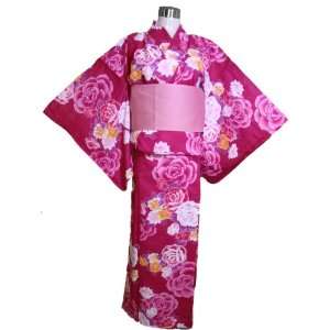  Kimono Yukata (y066b)Red & Pink Flowers+ Obi Belt Toys 