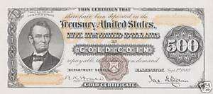 Proof Print by the BEP   Face of 1882 $500. Gold Cert.  