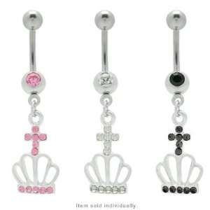    Cz Jeweled Dangle Crown with Cross Belly Ring   36130 Jewelry