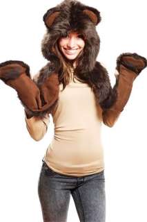 Celebrity Style Fashion faux fur BROWN BEAR Animal 3 in 1 Hoodie Scarf 