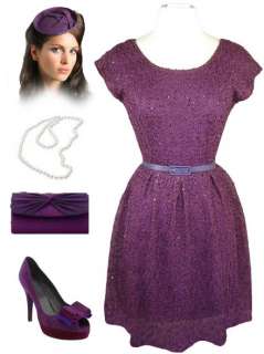 50s Style PURPLE Knit w/SEQUINS Low Cut Back BELTED PINUP Holiday 