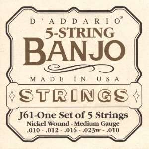  DAddario J61 5 String Banjo Strings, Nickel, Light, 10 23 
