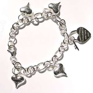  925 Key & Heartshape Lock Charm Chain Silver Bracelet 