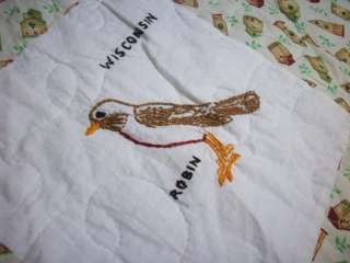 FAB VINTAGE HAND EMBROIDERED STATES AND STATE BIRDS QUILT #D1216 