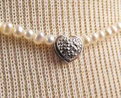 Diamond Heart and White Pearl Strand Necklace 3 1/2 mm 16  