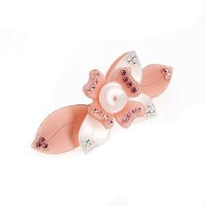   Peach And Pearl Rose Barrette With 27 Rhinestones And Studs Beauty