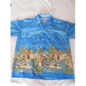  Mens 100% Thai Silk Shirt  Sky Blue Mosaic Material with 