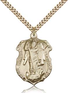 St. 12K Gold fil Saint Michael Police Shield Medal Neck  