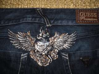   Premium Angel wings crystals roses dark low rise Skinny Jeans EUC 26