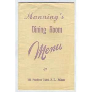  Mannings Dining Room Menu Atlanta Georgia 1954 