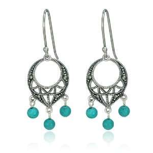   Marcasite and Created Turquoise Bead Dangle Wire Earrings Jewelry