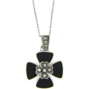    Sterling Silver Marcasite Black Onyx Flower Pendant Jewelry