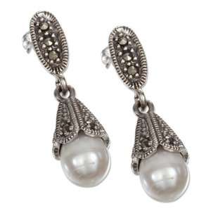   Silver Fresh Water Pearl and Marcasite Bell Dangle Earrings Jewelry