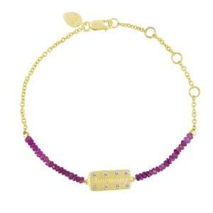   Yellow Gold Diamond Harmony Inscripted Bar & Ruby Beads Chain Bracelet