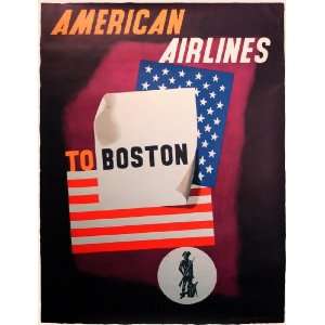  American Airlines to Boston   Antique Lithograph by E 