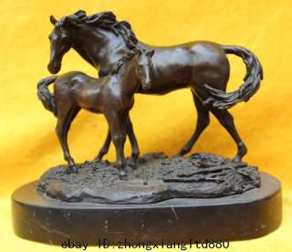 Marble Base Art Bronze Chinese LOVE Mother Son Two Horse Statue 