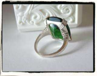 Vintage Art Deco Sterling Silver 925 Emerald Green Glass Cocktail Ring 