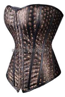 Bronze Skull Gothic Corset Vegan Leather Bustier Sexy L A136_brown