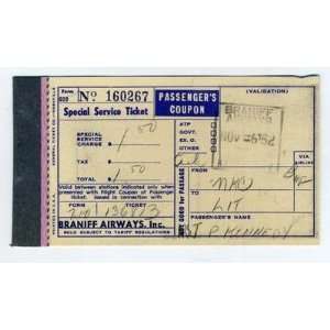  1952 BRANIFF Airways Special Service Ticket MKC to LIT 