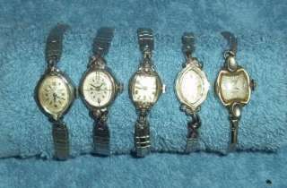Lot of 5 Gold Filled Womens Watches, Bulova, Gruen, Helbros, LadyElgin 