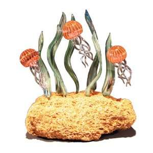  Triple 24k Jellyfish Glass Sculpture (Green Reeds) on Coquina Rock 