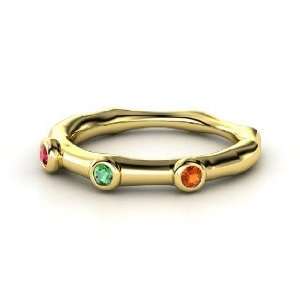    Stone Ring, Round Emerald 18K Yellow Gold Ring with Ruby & Fire Opal