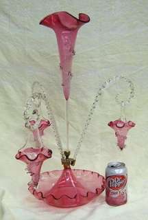   Cranberry Blown Glass Epergne Hanging Baskets Applied Decoration WOW