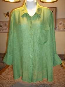 COLDWATER CREEK GORGEOUS LIME GREEN, 3/4 LENGTH SLEEVES, SHEER, TUNIC 