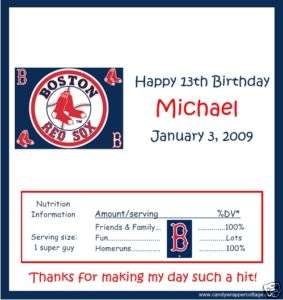 RED SOX BASEBALL BIRTHDAY PARTY CANDY WRAPPERS FAVORS  
