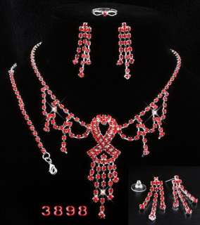 4Styles Necklace Bracelet Earrings Ring Set Inlay Red Czech Rhinestone 