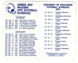 1975 Green Bay Packers & Wisconsin Badgers Football Schedule Pabst 
