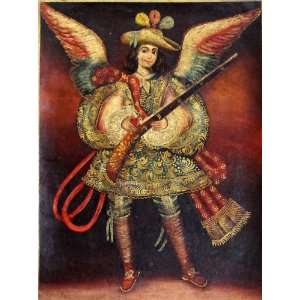  Military Angel w/ Rifle Cuzco Oil Painting Peru Folk Art 