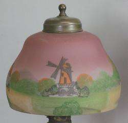   17 Reverse Painted Lamp w/ Windmills c. 1920 Art Deco Nouveau  