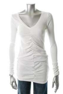 FAMOUS CATALOG Knit Top White Ribbed Ruched Misses Shirt L  
