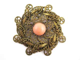 Vintage Art Nouveau Pink Coral Cabochon Gold Filigree Star Brooch 