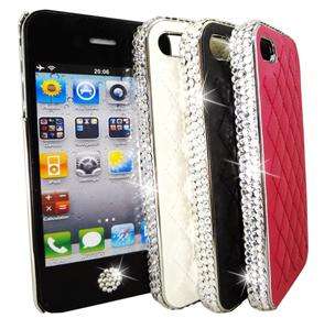 White iPhone 4 4S Czech Crystal Bling Quilted Leather Hard Case Cover 