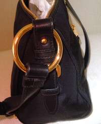 PRADA Black Technofiber/Leather Gold Metal Logo Shoulderbag  