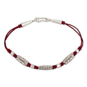   Silver 7 inch Red Cotton Waxed Thread Bracelet with Beads Jewelry
