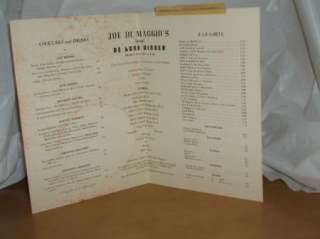 1940s Joe DiMaggio Restaurant Menu   Signed  