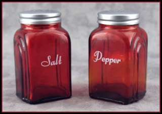RED GLASS ARCH SALT & PEPPER SHAKER SET w/ METAL LIDS  