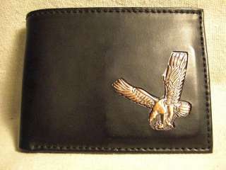Mens Black Leather Bifold Wallet w/ Metal Ornament of Eagle  