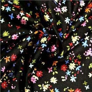 FabriQuilt Cotton Fabric, Pink, Yellow, Red, Blue Flowers on Black 
