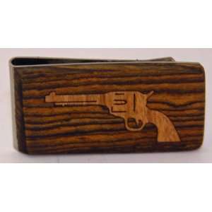    Money Clip with Hand Inlaid Cherry Wood Pistol 