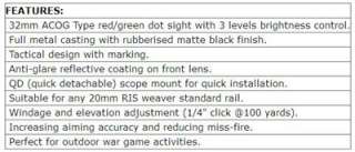 AU ACOG 1x32 Red Green Dot Scope Sight 20mm 11mm Weaver Dovetail AEG 