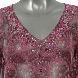 Sutton Studio Womens Chiffon Pink Print Bead Tunic Top  