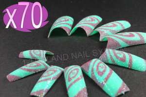 70 False French Acrylic Nail Tips (Dreaming Spiral Glitter Green & Red 